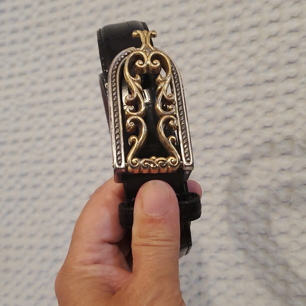 Vintage Brighton Black Leather Croc Belt Silver Gold Buckle C6803 Womens M 32